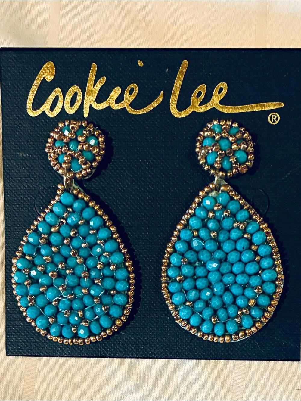 Cookie Lee Turquoise and Gold Teardrop Dangle Earrings